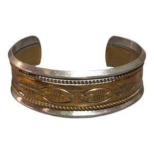 Vintage Two Tone Sterling Silver & Gold Tone Etched Southwest Cuff Bracelet